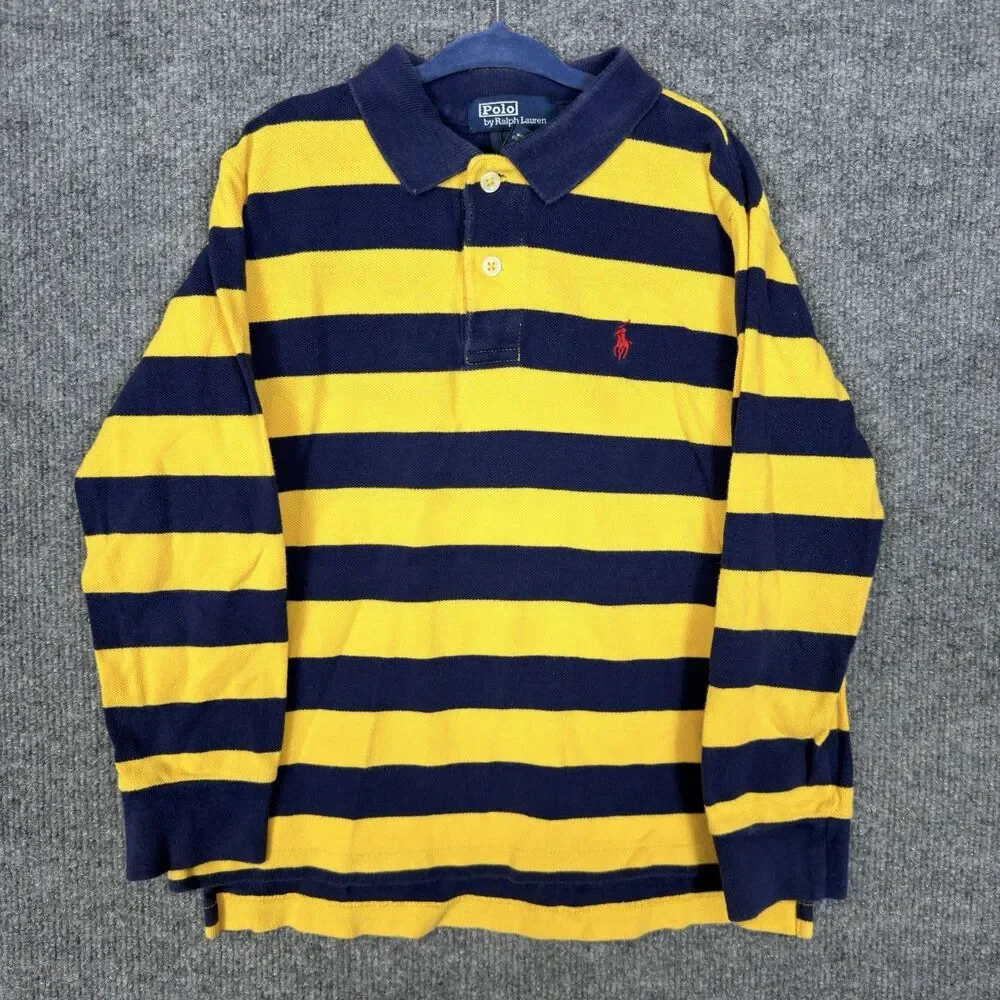 Vintage Polo Ralph Lauren Boys Size 6 Blue Yellow Striped Long Sleeve Polo Shirt